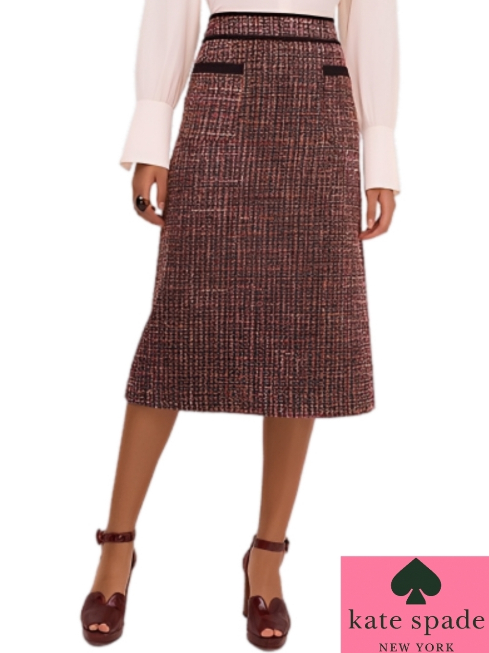 NWT Kate Spade Tweed Midi Skirt Metallic Thread • Size 2 (Fits 4!) • Chanel Look